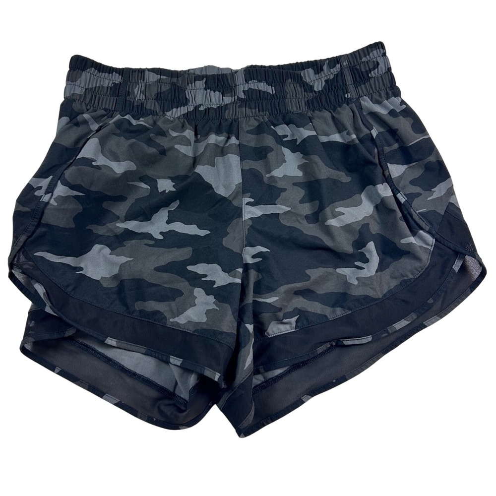 Athleta Printed Mesh Racer Run Short 4 Camo Grey Black Women Activewear Size S